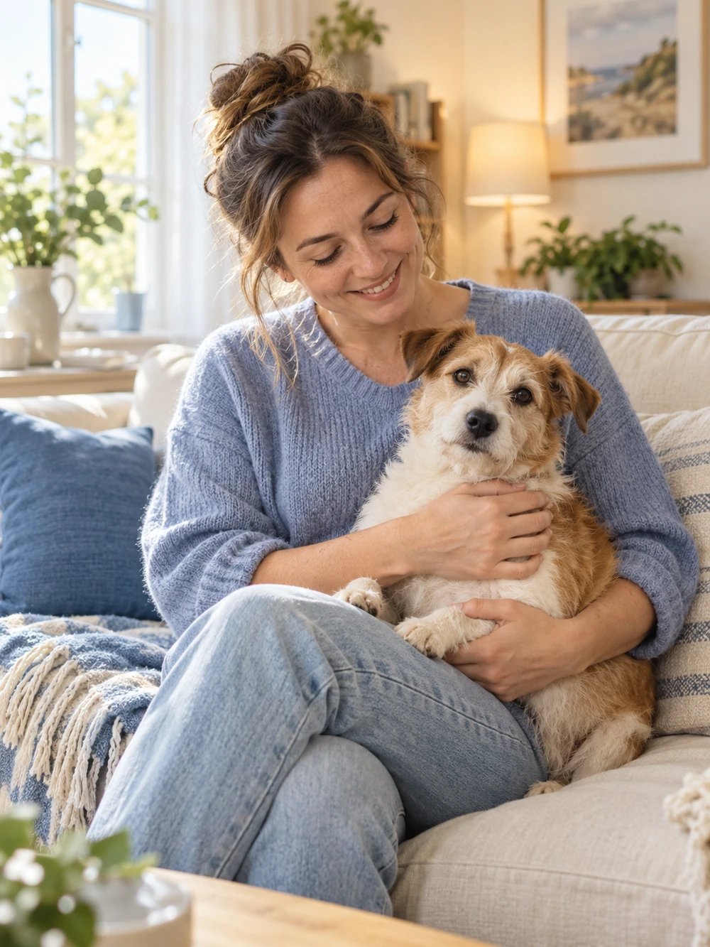 A caregiver relaxing on a sofa with a small dog resting in her lap
