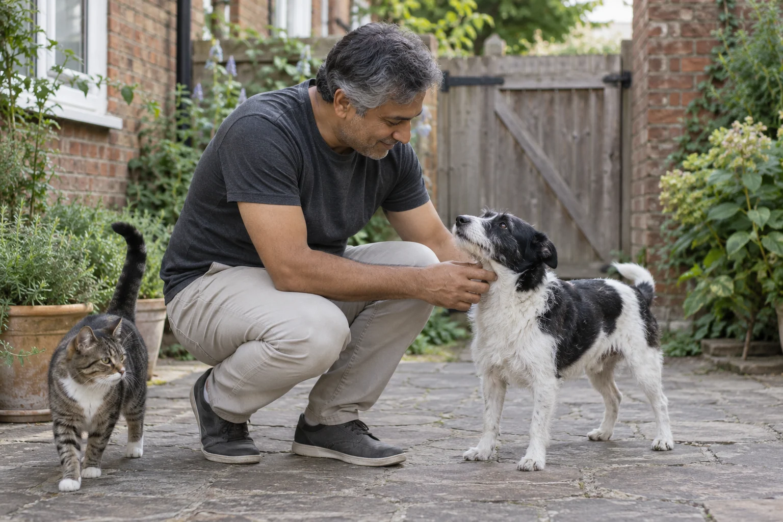 A South Asian caregiver greeting a small black and white dog in a leafy courtyard