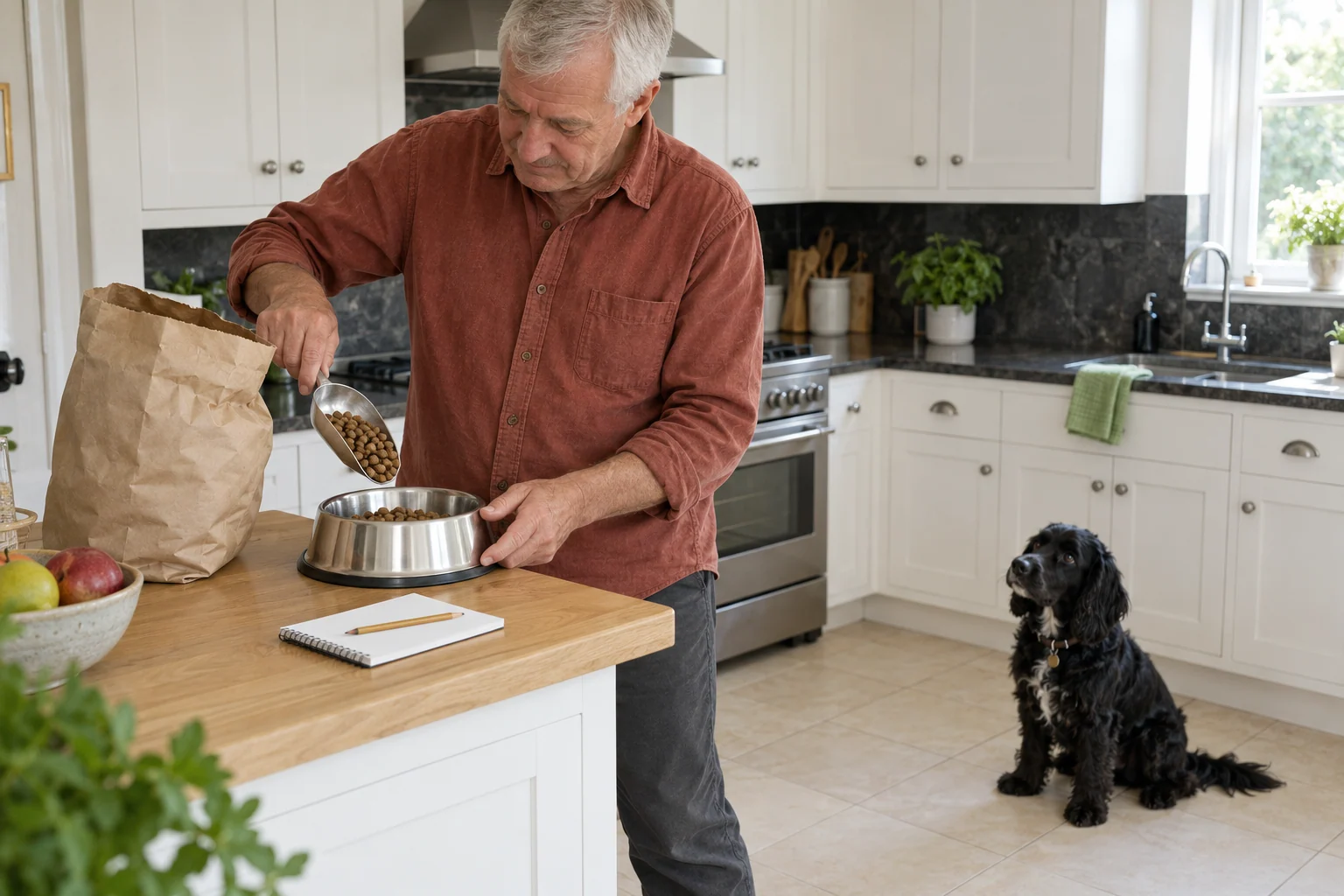 An older man measuring dog food beside handwritten meal notes in a bright kitchen