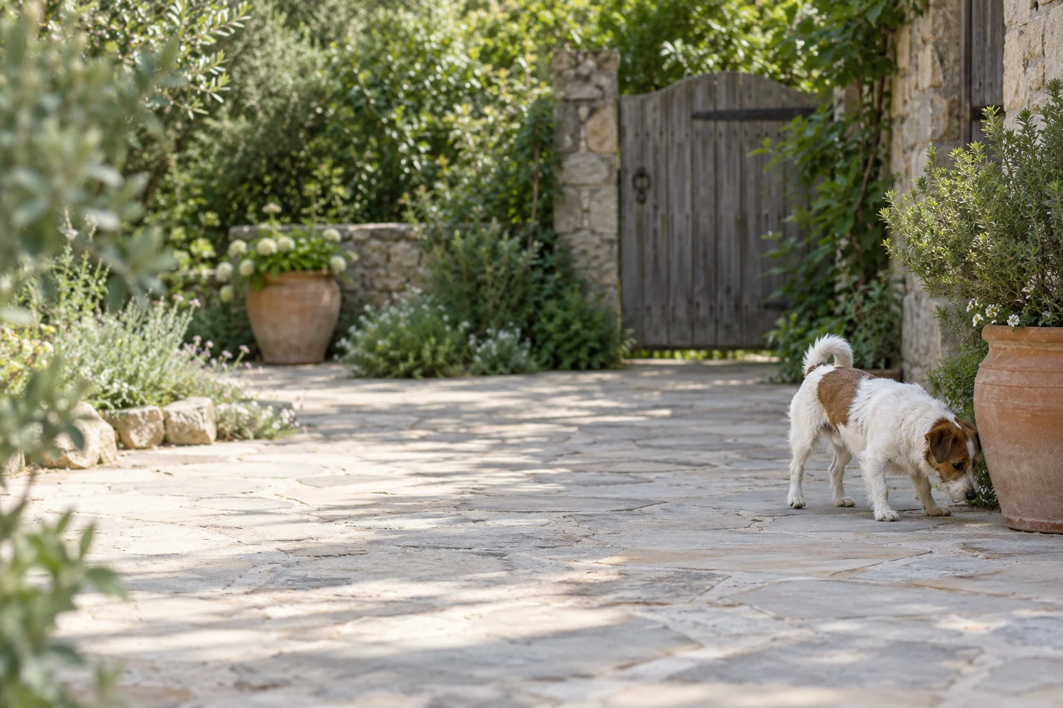 A quiet garden path with a small dog exploring beside terracotta pots