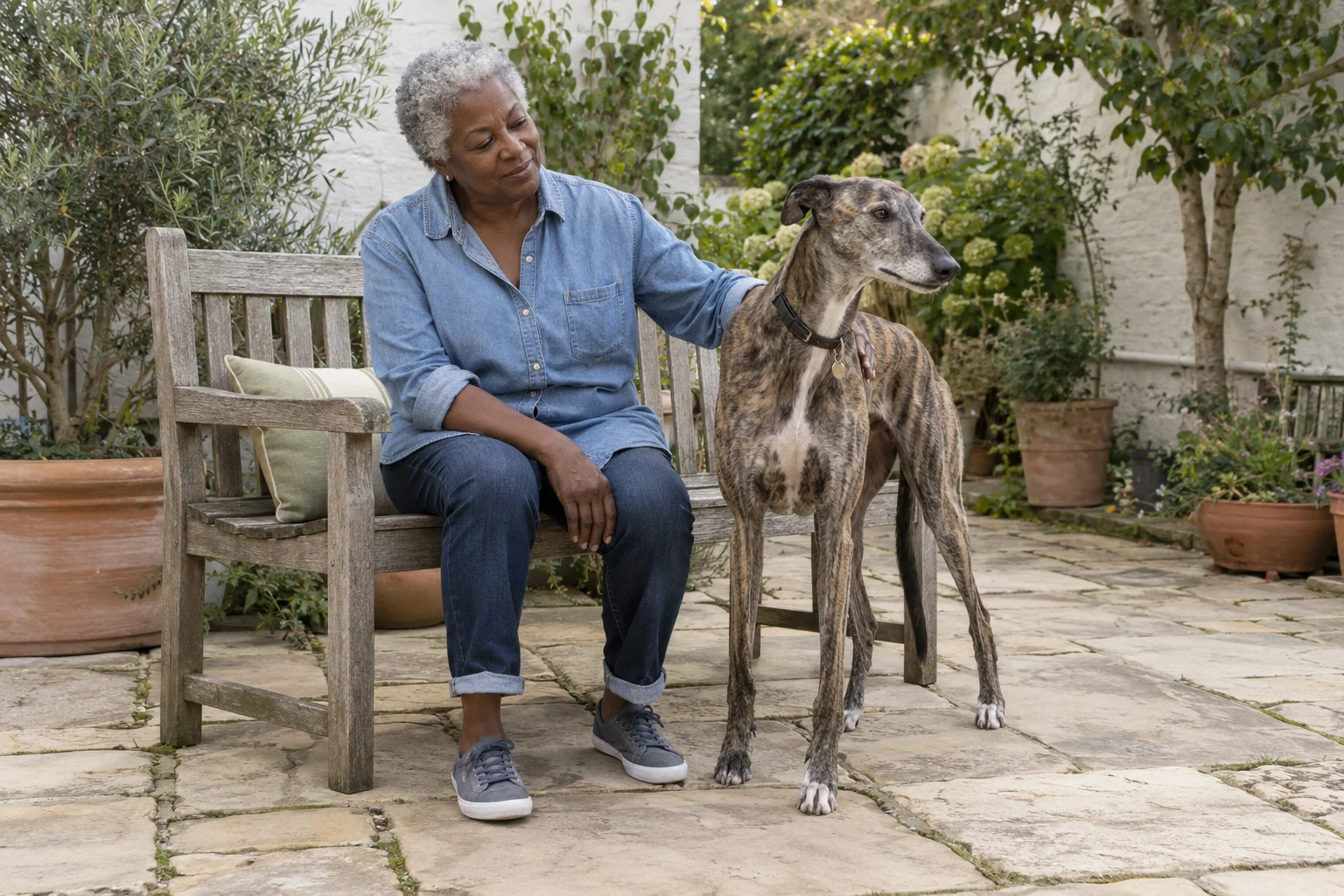 An older Black caregiver sitting beside a relaxed brindle greyhound on a garden terrace