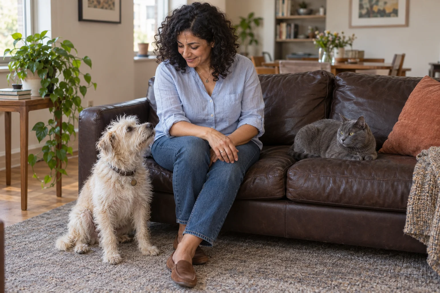 A Middle Eastern owner with an older terrier and a gray cat at home
