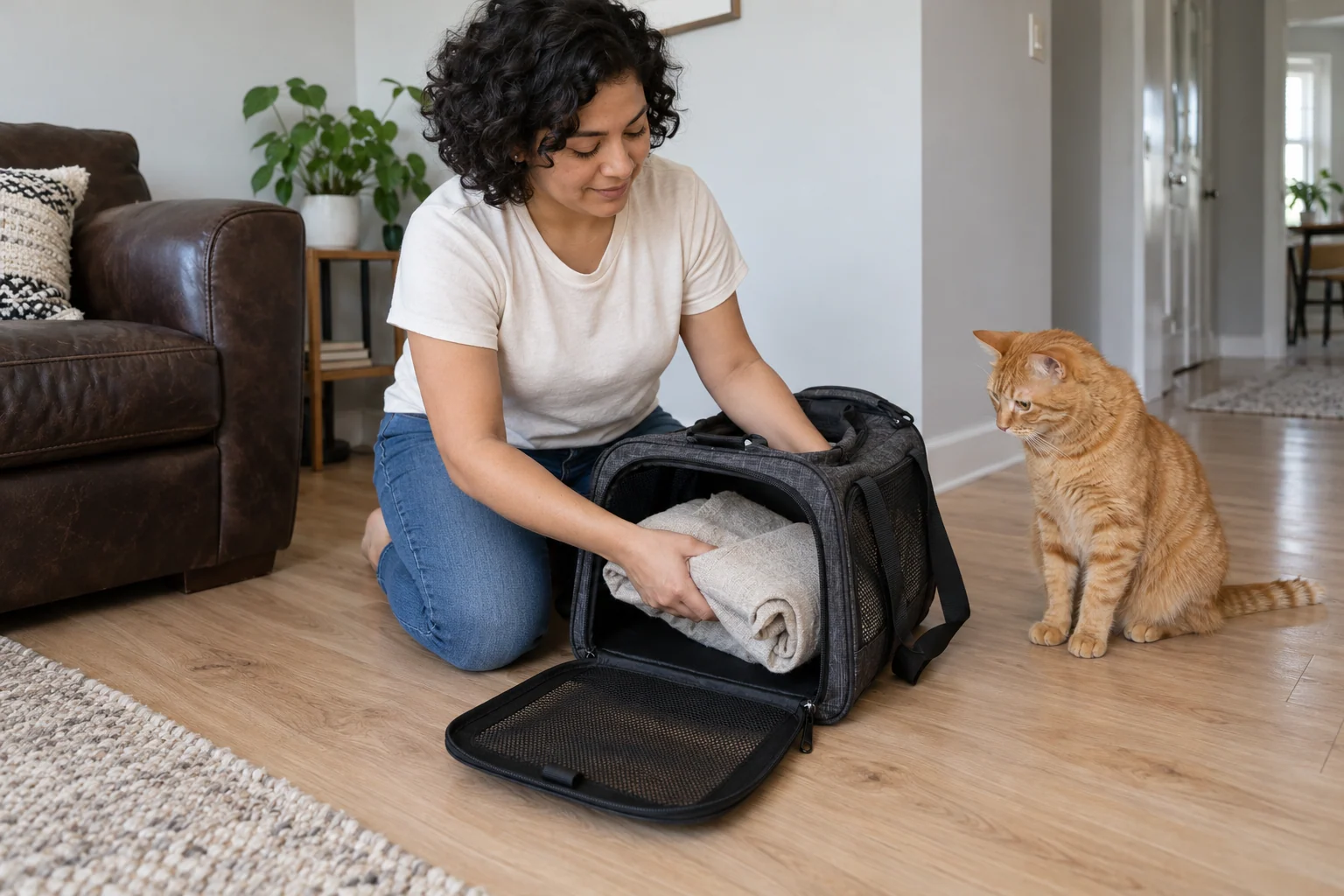 A Latina owner packing a familiar blanket beside her cat’s open carrier at home