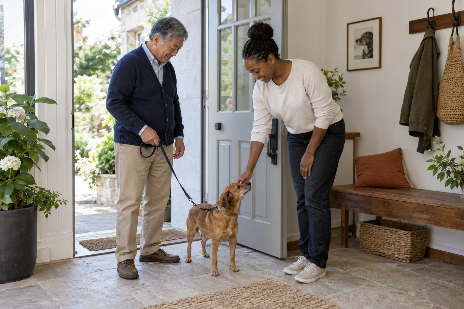 An older East Asian owner and a Black caregiver welcoming a small brown dog at a bright entrance