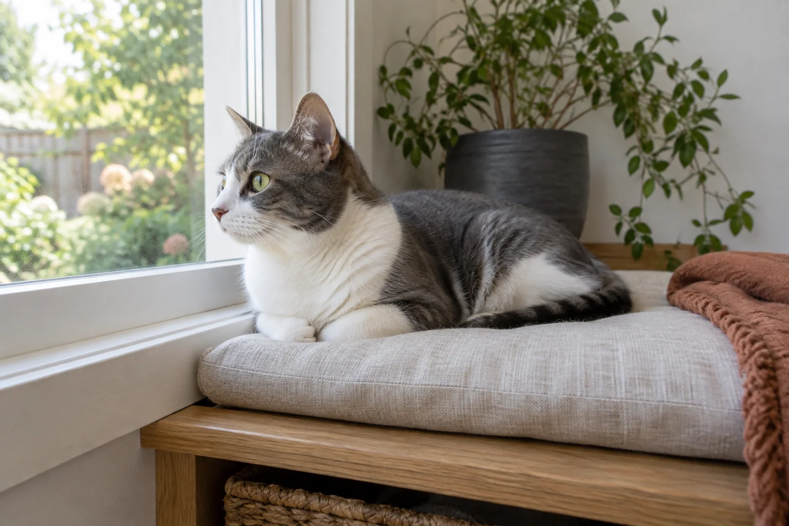 A gray and white cat resting on a linen cushion beside a sunlit window